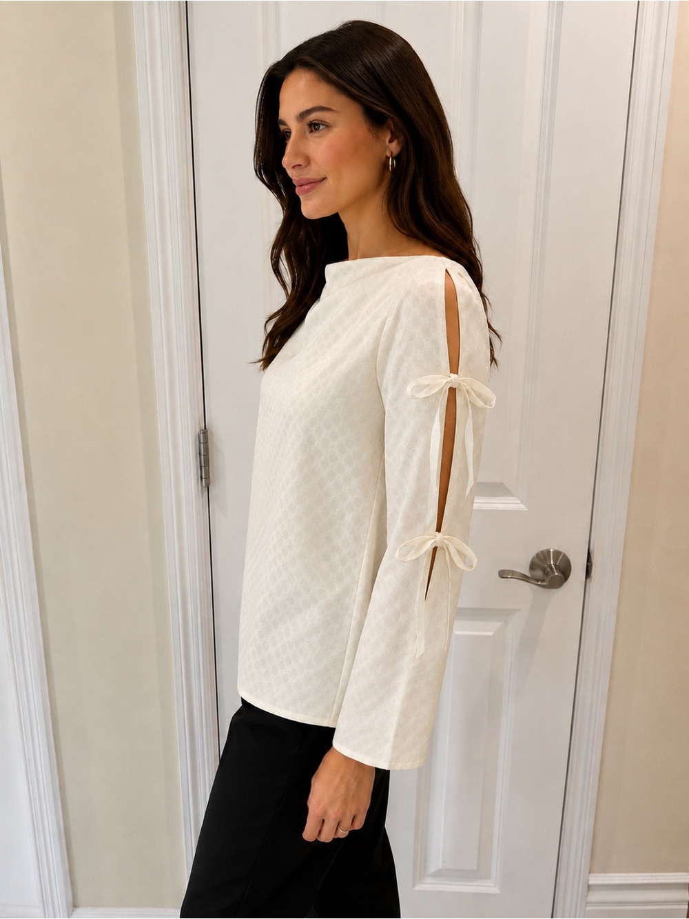 Club Monaco Cream Satin Tie Sleeve Blouse Lo g Sleeve Top Elegant Minimalist